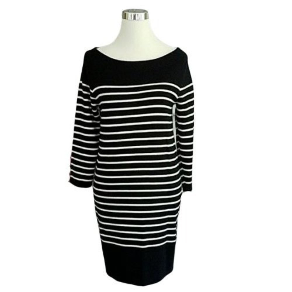 Joe Fresh Black White Boat Neck Striped Long Sleeve Knit Sweater Dress Medium